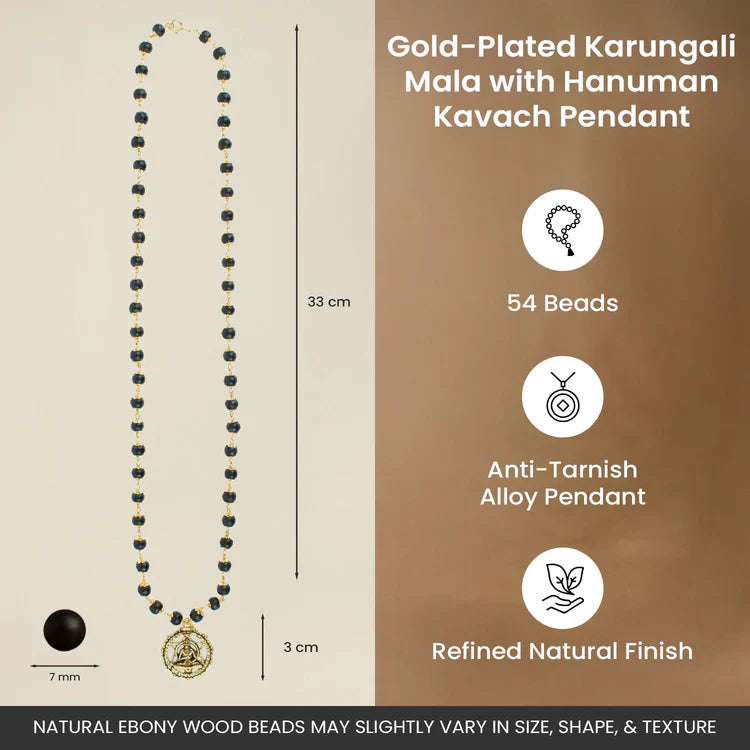 Gold-Plated Karungali Mala with Hanuman Kavach Pendant